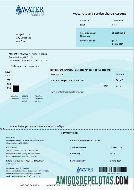 Australia Water Corporation WA Business Utility Bill Palavra e PDF. Doutor modelo